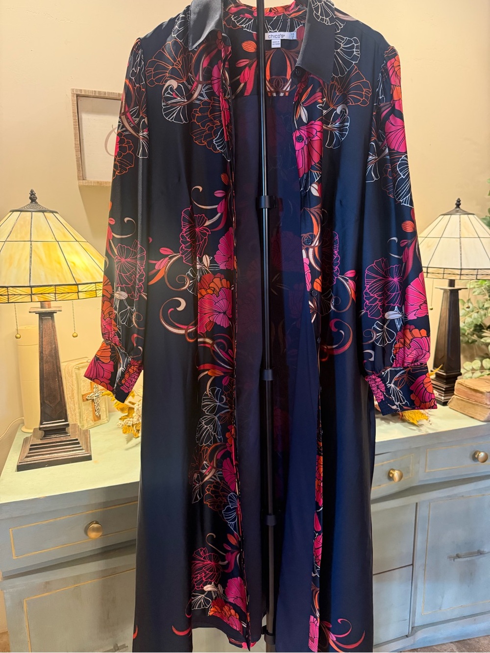 Chico’s Floral Maxi Shirt Dress Duster Black Pink Orange Size 2.5 US 14